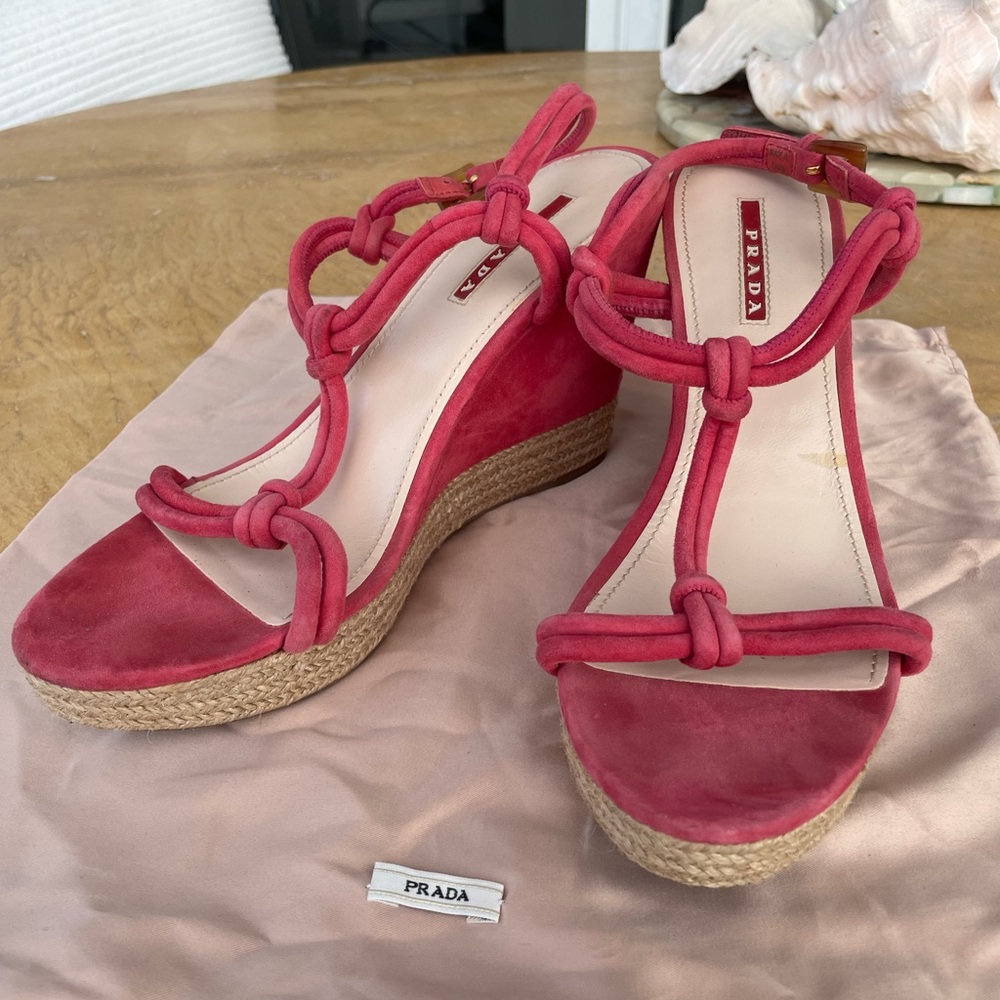 Pink Suede Prada Wedges